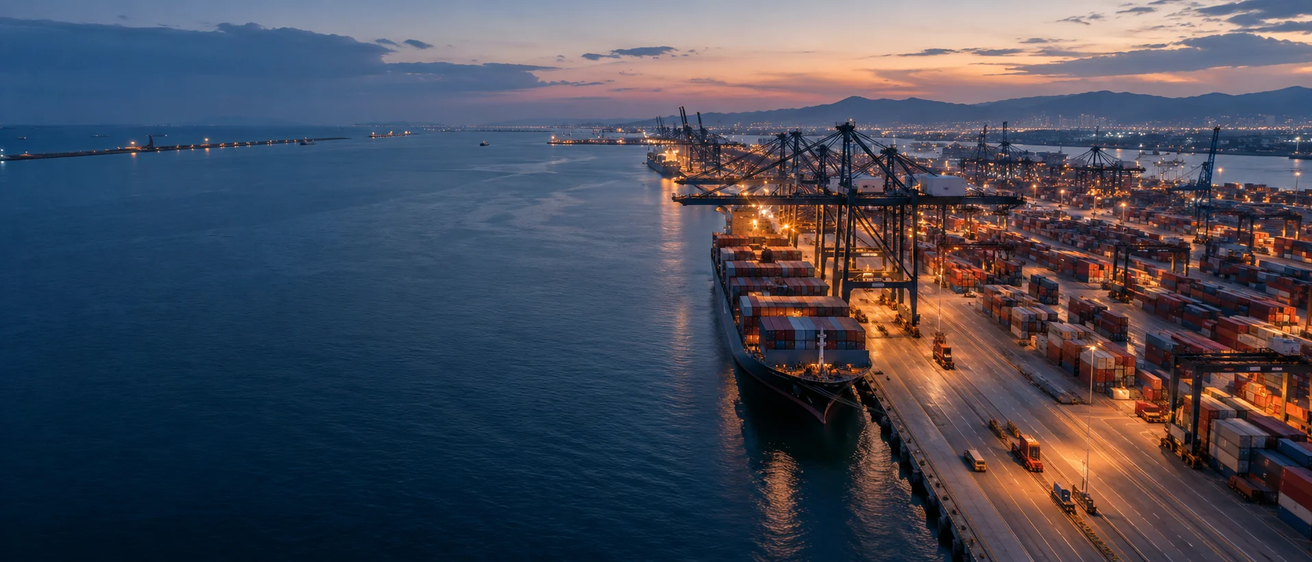 Illustrative aerial view of a container port beside deep blue water