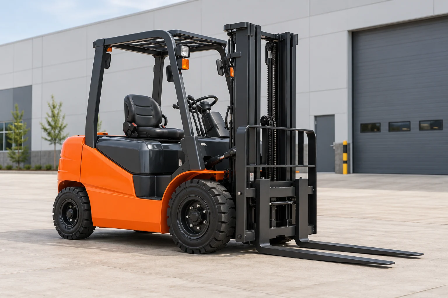 Illustrative orange electric forklift in an industrial warehouse